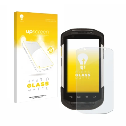 Face avant d’un emballage produit avec le logo de la marque upscreen. À côté, l’appareil Zebra TC77 est représenté avec la pro