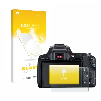 Face avant d’un emballage produit avec le logo de la marque upscreen. À côté, l’appareil Canon EOS 250D est représenté avec la