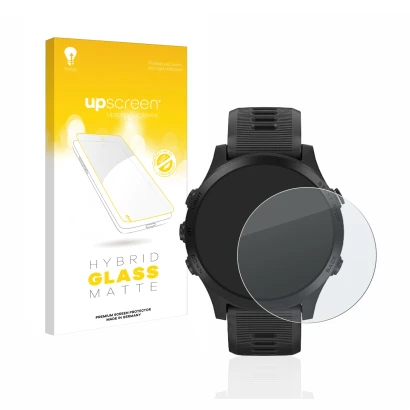 Face avant d’un emballage produit avec le logo de la marque upscreen. À côté, l’appareil Garmin Forerunner 945 est représenté 
