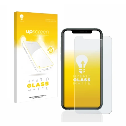 Face avant d’un emballage produit avec le logo de la marque upscreen. À côté, l’appareil Apple iPhone 11 Pro est représenté av