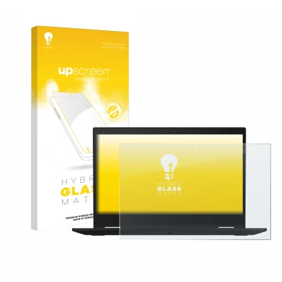 Face avant d’un emballage produit avec le logo de la marque upscreen. À côté, l’appareil Lenovo ThinkPad X390 Yoga est représe