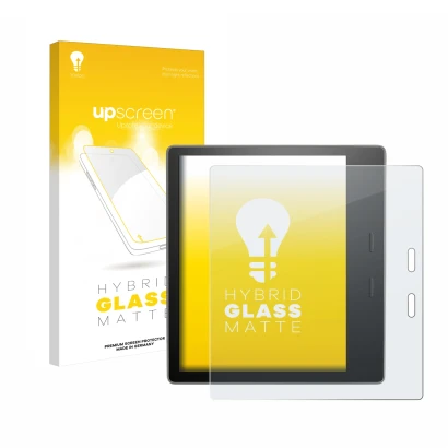 Face avant d’un emballage produit avec le logo de la marque upscreen. À côté, l’appareil Amazon Kindle Oasis 2019 (10ème Gen.)