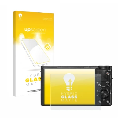 Face avant d’un emballage produit avec le logo de la marque upscreen. À côté, l’appareil Sony Cyber-Shot DSC-RX100 VII est rep