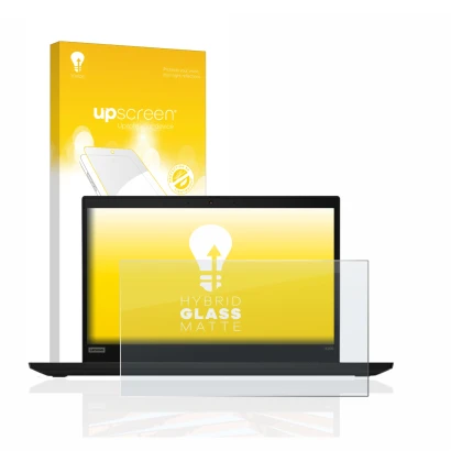 Face avant d’un emballage produit avec le logo de la marque upscreen. À côté, l’appareil Lenovo ThinkPad X390 Non-Touch est re