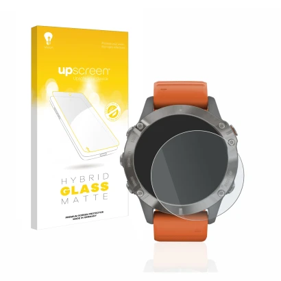 Face avant d’un emballage produit avec le logo de la marque upscreen. À côté, l’appareil Garmin Fenix 6 Pro est représenté ave