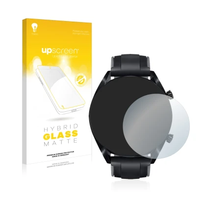 Face avant d’un emballage produit avec le logo de la marque upscreen. À côté, l’appareil Huawei Watch GT 2 (46 mm) est représe