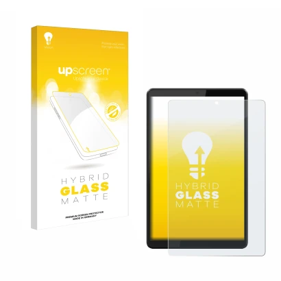 Face avant d’un emballage produit avec le logo de la marque upscreen. À côté, l’appareil Lenovo Tab M8 est représenté avec la 