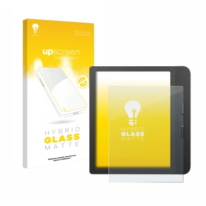 Face avant d’un emballage produit avec le logo de la marque upscreen. À côté, l’appareil Tolino Vision 5 est représenté avec l