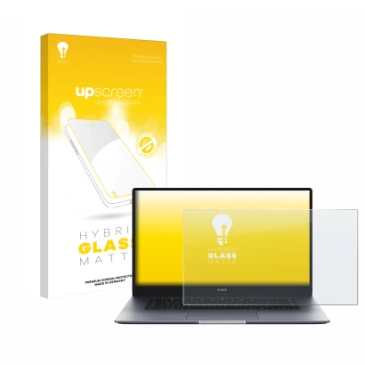 Face avant d’un emballage produit avec le logo de la marque upscreen. À côté, l’appareil Honor MagicBook 15" est représenté av