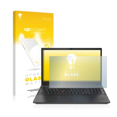 Face avant d’un emballage produit avec le logo de la marque upscreen. À côté, l’appareil Lenovo ThinkPad E15 est représenté av