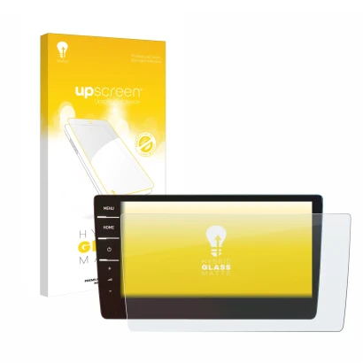 Face avant d’un emballage produit avec le logo de la marque upscreen. À côté, l’appareil Volkswagen Touran 2019 Discover Pro 9