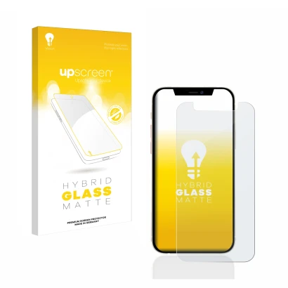 Face avant d’un emballage produit avec le logo de la marque upscreen. À côté, l’appareil Apple iPhone 12 mini est représenté a