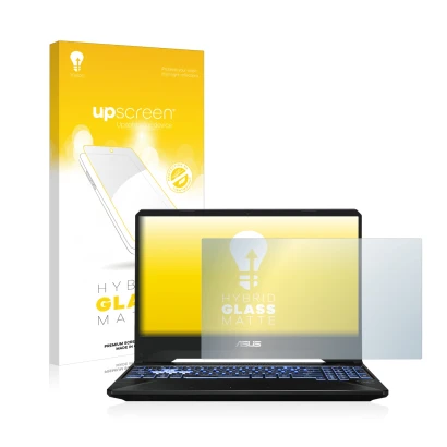 Face avant d’un emballage produit avec le logo de la marque upscreen. À côté, l’appareil ASUS TUF Gaming X505 est représenté a