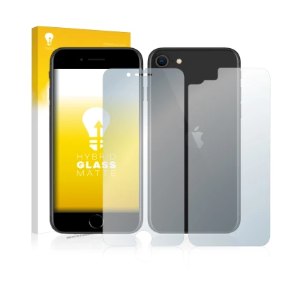 Face avant d’un emballage produit avec le logo de la marque upscreen. À côté, l’appareil Apple iPhone SE 2 2020 (Avant+Arrière