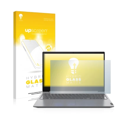 Face avant d’un emballage produit avec le logo de la marque upscreen. À côté, l’appareil Lenovo V15 15'' est représenté avec l