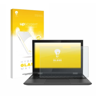 Face avant d’un emballage produit avec le logo de la marque upscreen. À côté, l’appareil Lenovo 300e (2e Gen.) est représenté 