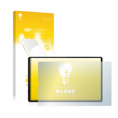 Face avant d’un emballage produit avec le logo de la marque upscreen. À côté, l’appareil Lenovo Tab M10 FHD Plus (en paysage) 