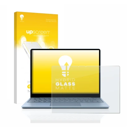 Face avant d’un emballage produit avec le logo de la marque upscreen. À côté, l’appareil Microsoft Surface Laptop Go est repré