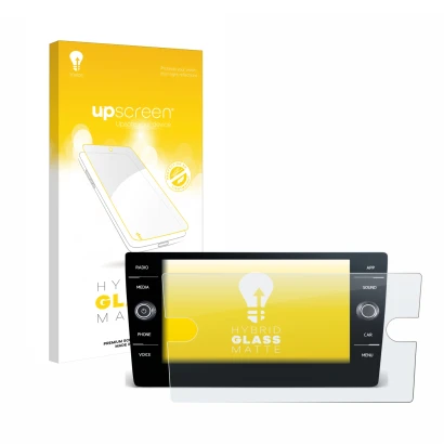 Face avant d’un emballage produit avec le logo de la marque upscreen. À côté, l’appareil Volkswagen Tiguan R-Line TDI 2020 Dis