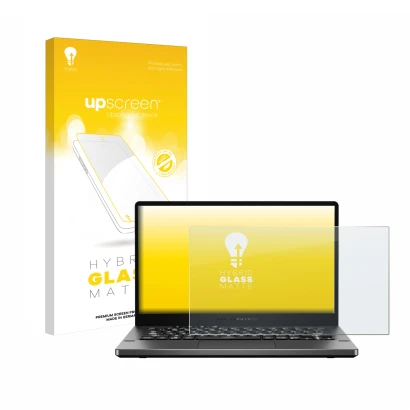 Face avant d’un emballage produit avec le logo de la marque upscreen. À côté, l’appareil ASUS ROG Zephyrus G14 GA401 est repré