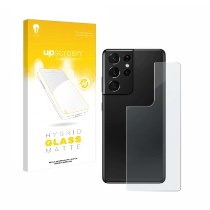 Face avant d’un emballage produit avec le logo de la marque upscreen. À côté, l’appareil Samsung Galaxy S21 Ultra 5G (Arrière)