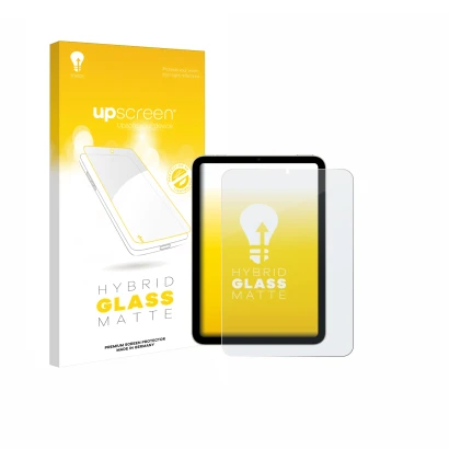 Face avant d’un emballage produit avec le logo de la marque upscreen. À côté, l’appareil Apple iPad Mini 6 WiFi 2021 est repré