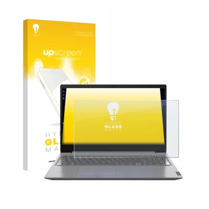 Face avant d’un emballage produit avec le logo de la marque upscreen. À côté, l’appareil Lenovo V15 82C500G4GE est représenté 