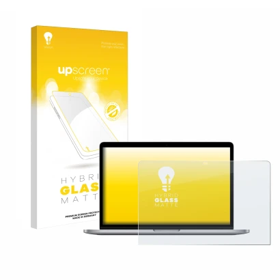 Face avant d’un emballage produit avec le logo de la marque upscreen. À côté, l’appareil Apple MacBook Pro 13" M1 2020 est rep