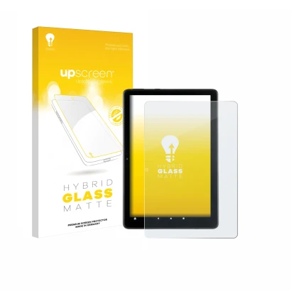 Face avant d’un emballage produit avec le logo de la marque upscreen. À côté, l’appareil Amazon Fire HD 10 2021 (11ème Gen.) e