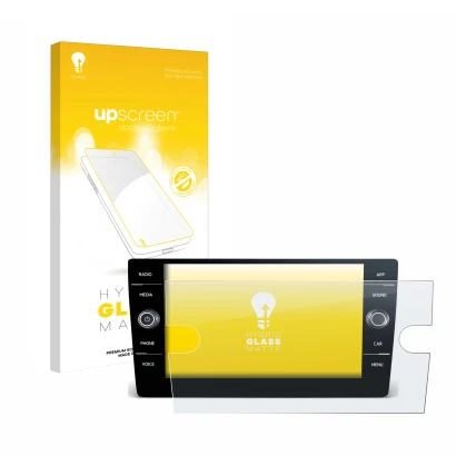 Face avant d’un emballage produit avec le logo de la marque upscreen. À côté, l’appareil Volkswagen T6 2021 Discover Media 8" 