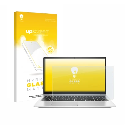 Face avant d’un emballage produit avec le logo de la marque upscreen. À côté, l’appareil HP ProBook 450 G8 est représenté avec