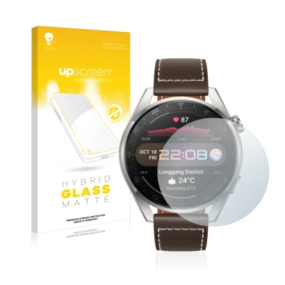 Face avant d’un emballage produit avec le logo de la marque upscreen. À côté, l’appareil Huawei Watch 3 Pro est représenté ave