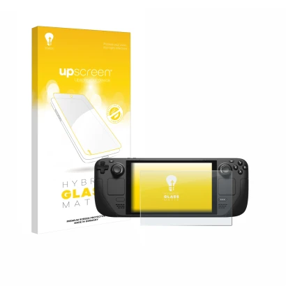 Face avant d’un emballage produit avec le logo de la marque upscreen. À côté, l’appareil Valve Steam Deck est représenté avec 