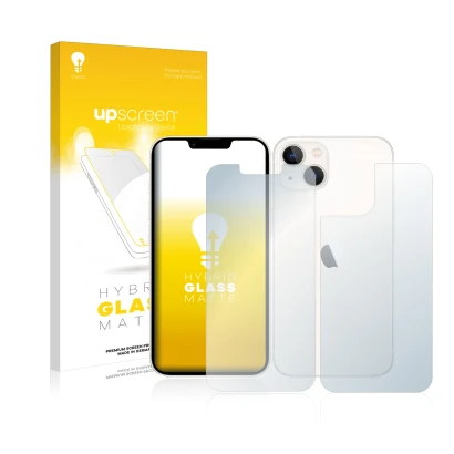 Face avant d’un emballage produit avec le logo de la marque upscreen. À côté, l’appareil Apple iPhone 13 (Avant+Arrière) est r