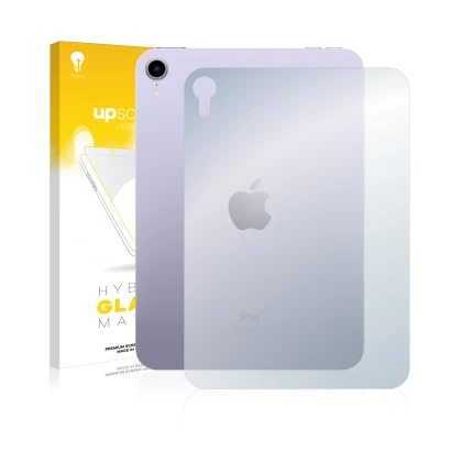 Face avant d’un emballage produit avec le logo de la marque upscreen. À côté, l’appareil Apple iPad Mini 6 WiFi 2021 (6ème gén