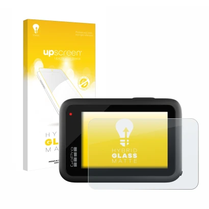 Face avant d’un emballage produit avec le logo de la marque upscreen. À côté, l’appareil GoPro Hero 10 Black est représenté av