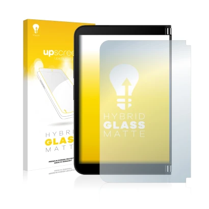 Face avant d’un emballage produit avec le logo de la marque upscreen. À côté, l’appareil Microsoft Surface Duo 2 (Affichage ex