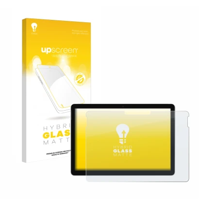 Face avant d’un emballage produit avec le logo de la marque upscreen. À côté, l’appareil Microsoft Surface Go 3 est représenté