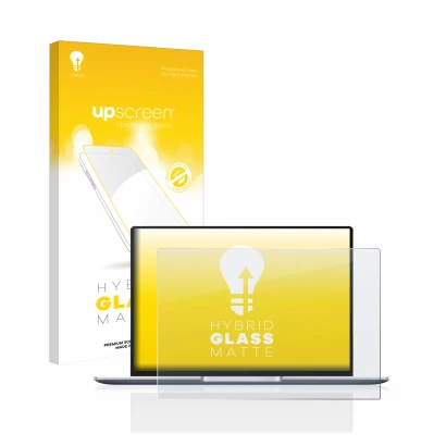 Face avant d’un emballage produit avec le logo de la marque upscreen. À côté, l’appareil Huawei MateBook 14 2021 est représent