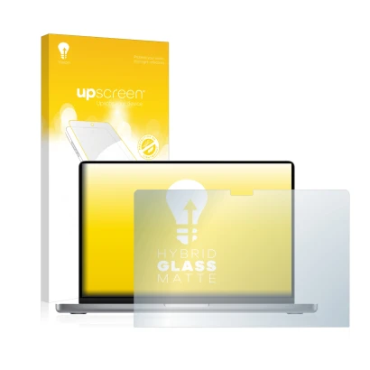 Face avant d’un emballage produit avec le logo de la marque upscreen. À côté, l’appareil Apple MacBook Pro 14