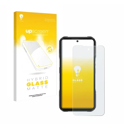 Face avant d’un emballage produit avec le logo de la marque upscreen. À côté, l’appareil Doogee V20 est représenté avec la pro