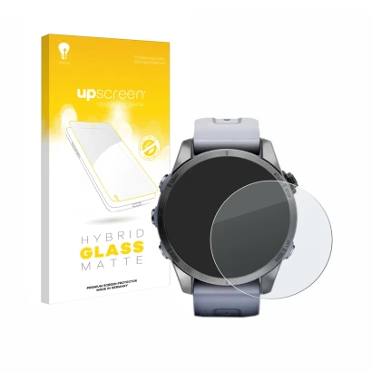 Face avant d’un emballage produit avec le logo de la marque upscreen. À côté, l’appareil Garmin Fenix 7S (42 mm) est représent
