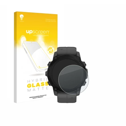 Face avant d’un emballage produit avec le logo de la marque upscreen. À côté, l’appareil Garmin Descent G1 est représenté avec