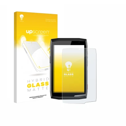 Face avant d’un emballage produit avec le logo de la marque upscreen. À côté, l’appareil Crosscall Core T5 est représenté avec