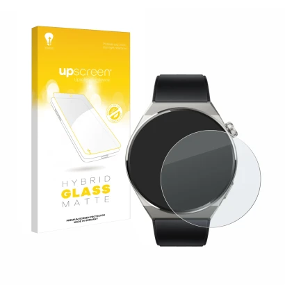 Face avant d’un emballage produit avec le logo de la marque upscreen. À côté, l’appareil Huawei Watch GT 3 Pro Titanium (46mm)