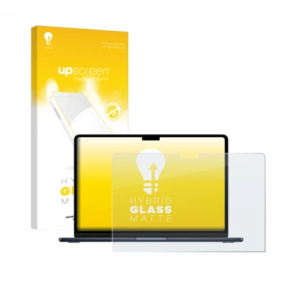 Face avant d’un emballage produit avec le logo de la marque upscreen. À côté, l’appareil Apple MacBook Air 13