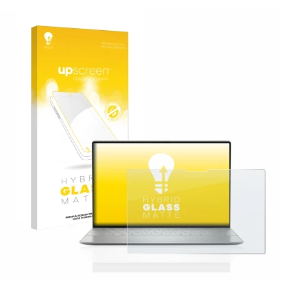 Face avant d’un emballage produit avec le logo de la marque upscreen. À côté, l’appareil Dell XPS 13 Plus 9320 Touch est repré