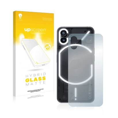 Face avant d’un emballage produit avec le logo de la marque upscreen. À côté, l’appareil Nothing Phone (1) (Arrière) est repré