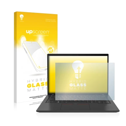 Face avant d’un emballage produit avec le logo de la marque upscreen. À côté, l’appareil Lenovo ThinkPad T14 Gen 3 est représe