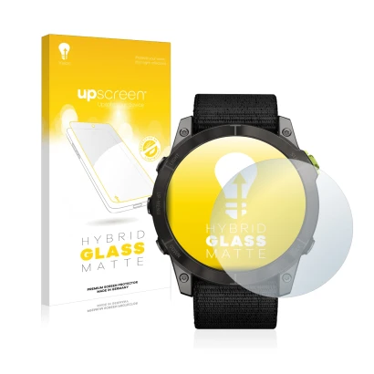 Face avant d’un emballage produit avec le logo de la marque upscreen. À côté, l’appareil Garmin Enduro 2 est représenté avec l